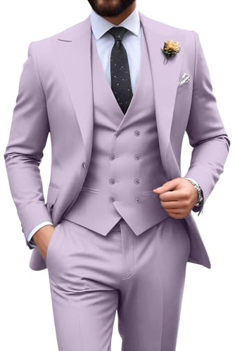 Herrenanzug, schmale Passform, 3-teilig, zweireihig, formelle Smoking-Set, lässig, Hochzeit, Abschlussball, Bräutigam, 3 Stück, Flieder, L