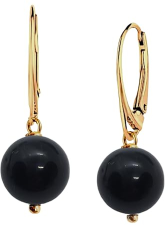 I.L.U.S 18 K Vergoldete Damen Ohrringe Silber 925 Schwarzer Stein Anhänger Edelstein Perlen Ohrringe Gold Hängend Kugeln Kristall 12mm Schwarzer Damen Schmuck Gold