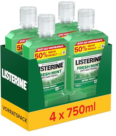 LISTERINE Fresh mint (4 x 750 ml), antibakteriell munsköljning med eteriska oljor för en frisk andning, tar bort upp till 97% av bakterierna som finns kvar efter borstning av tänderna