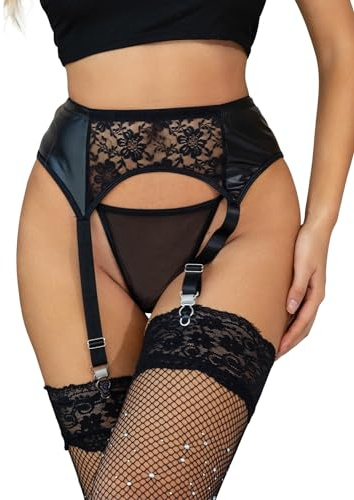 ohyeahlady Women's Plus Size Suspender Belt, High Waisted PU Leather & Floral Lace Lingerie Set with G-String,Crossdresser Clothes,4 Strong Clips for Stockings Black UK 16