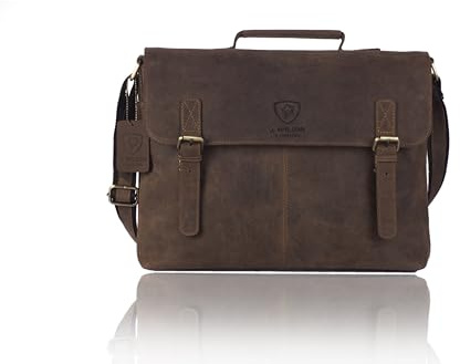 J. Wilson London - Designer Genuine Real Distressed Vintage Hunter Leather 15 Laptop Handmade Unisex Crossover Shoulder Messenger Briefcase Bag (Distress Dark Brown)
