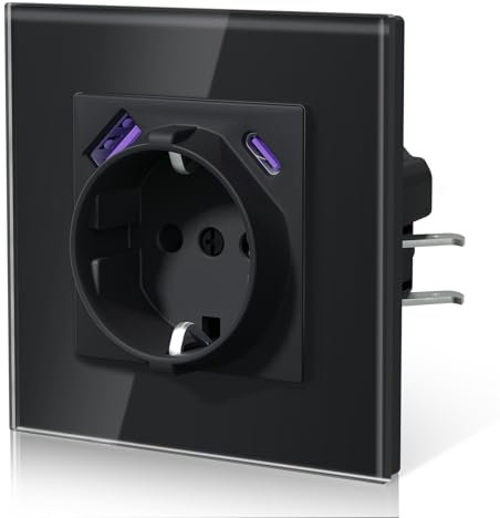 BSEED Presa con USB C 20 W, ricarica rapida da parete con artigli, presa da incasso standard UE, facile da montare, 16 A, 250 V, serie E, 1 scomparto, 86 mm, colore nero