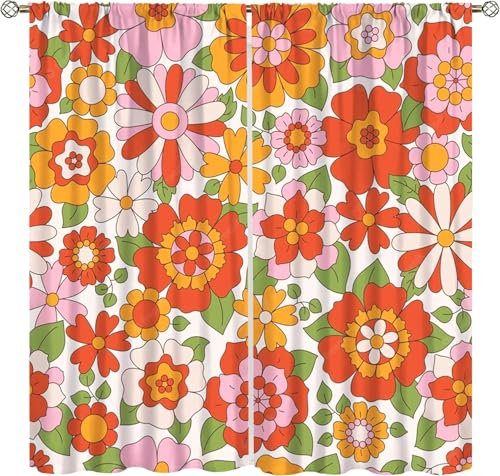 Vorhang Kinderzimmer Bunte Retro-Blumen Kinder Vorhänge Mit Ösen Polyester Gardinen Thermovorhang Blickdicht Ösenschal Kindergardinen 280X250 cm (B + H) Für Wohnzimmer,2Er Set-322109055