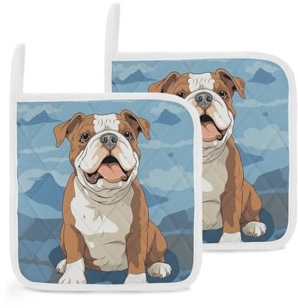 Topflappen mit englischer Bulldogge, nahtlos, Illustration, Set 2 für Küche, wasserabweisend, Topflappen, rutschfeste heiße Pads, quadratische Topfmatten mit Aufhängeschlaufe, Untersetzer zum Kochen,