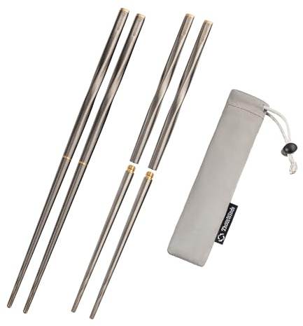 Thous Winds Titanium Chopsticks , Foldable Lightweight Reusable Camping Cutlery, Utensils for Camping Backpacking Hiking Home, with Storage Bag, 2 Pairs