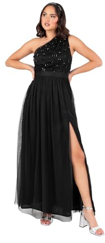 Maya Deluxe Damen Women's Maxi Ladies One Shoulder Sleeveless Floral Sequin Embellished Sash Tie Belt Tulle A-line Split Bridesmaid Dress, Schwarz, 42 EU