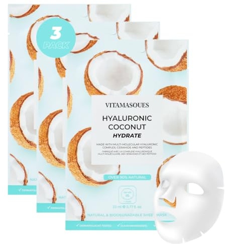 Vitamasques Coconut Face Mask 3-Pack, Biodegradable Hydrating Sheet Masks with Hyaluronic Acid, Moisturising Face Mask for All Skin Types