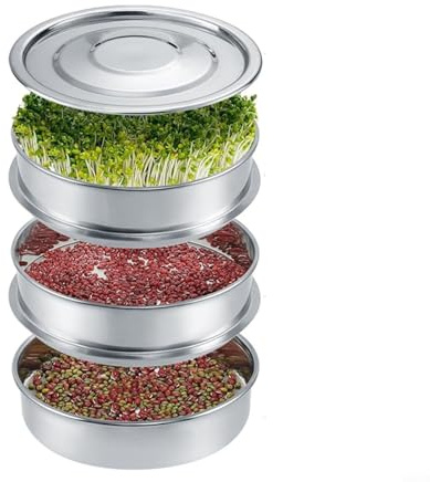 Edelstahl-Samen-Sprossen-Set, stapelbar, Microgreens-Anzuchtschalen, 21.6 cm Durchmesser, runde Samen-Keimschalen mit verschlüsseltem Netz, Sprossen-Anzuchtset für Brokkolibohnen(3-stöckig)