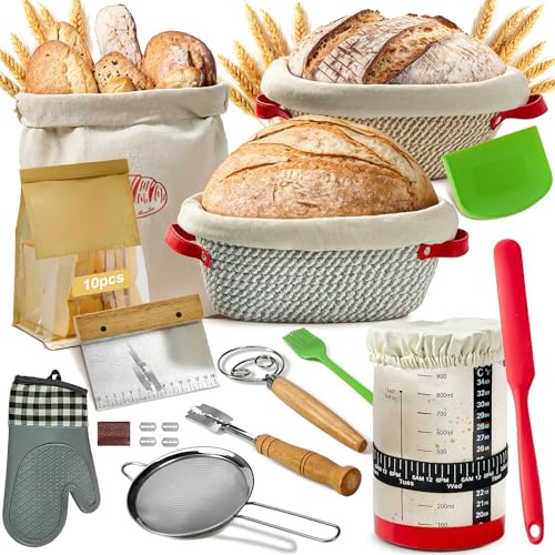Gärkorb Brot Set 13-Teiliges mit 2 Geflochtene Gärkörbchen Oval und Rund, Sauerteig Starter Set und Komplettset Brot Backen Zubehör Brotbackset, Perfekt für Anfänger, Erfahrener Bäcker