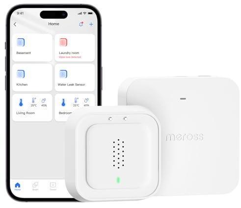 Meross Detector de Agua Inteligente | HUB Incluida | Detector de Fugas de Agua IP66 y 100 dB | Smart Detector de Agua para cocinas, baños, sótanos | Compatible con Apple Home, Alexa y Google