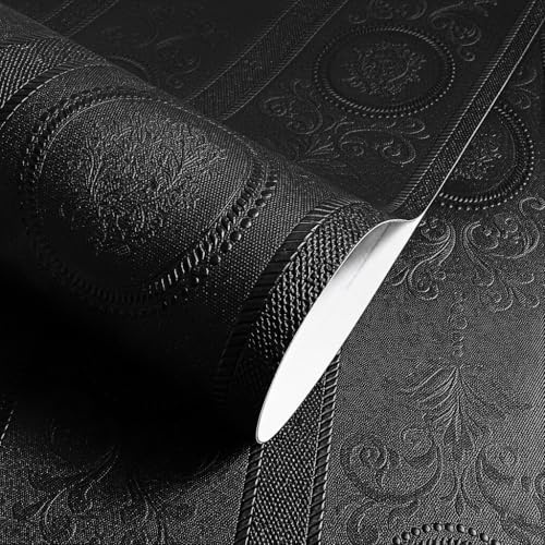 JiffDiff Wallpaper Peel and Stick Textured, 3D Black Embossed Wall Paper Stick on Wallpaper Modern Waterproof Self Adhesive Contact Paper(17.3 x 400)