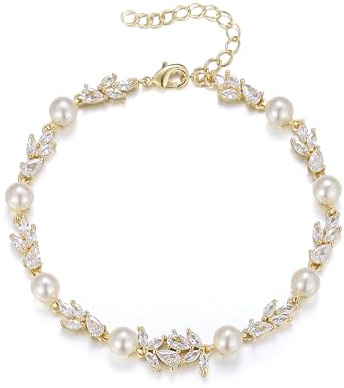 Clearine Pulsera de novia de circonita cúbica para novias, damas de honor, elegante pulsera de perlas de imitación para mujer, joyería de baile, Circonita cúbica Perla simulada