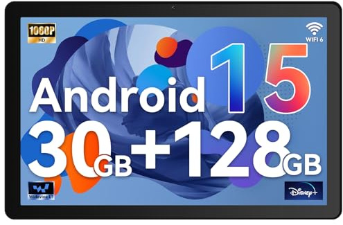 Whitedeer Tablet, Android 15 Tablet 10 Zoll mit 30GB RAM+128GB ROM, Octa Core, Widevine L1, Wi-Fi 6G/BT 5.3, 6200mAh, Computermodus unterstützt - Schwarz