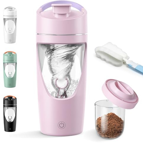 Elektrischer Shaker,700ML Protein Shaker Elektrisch mit Pulverfach BPA-frei | Elektrische Shaker Proteinshake, Eiweiß Shaker Elektrisch für Potein Pulver und Milchshak, Tritan, Rosa