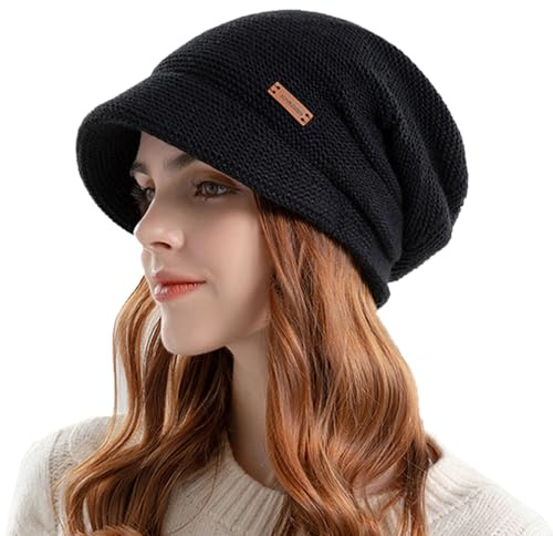 DAVBNM Winter Knit Hat for Women, Lined Warm Slouchy Beret Hat Newsboy Cap with Visor, Thermal Pullover Ear Protection Hats with Brim, for Daily Winter Outdoor Black