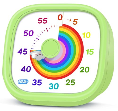 HIPPIH Visual Timer for Kids - 60 Minute Pomodoro Timers for Classroom Kitchen Office, Countdown Kids Timer Clock with Rainbow Disk, Desk Time Management Tool for Toddler with Silent Operation, Green