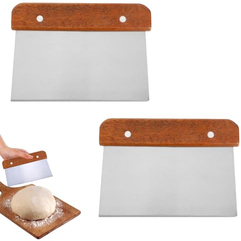 2Pcs Dough Scraper Cutter, 15cm Food Grade Stainless Steel Bench Scraper with Wooden Handle, Multipurpose Kitchen Scrapers for Bread, Pastry, Pizza, Cake Dough Baking (5.9 * 4.3 Inch)