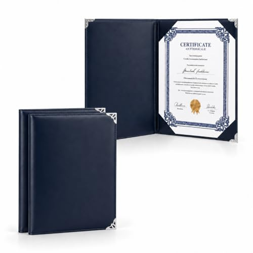 Confezione da 2 custodie per certificati di alta qualità, 20,5 x 28,5 cm, in finta pelle, con protezioni angolari in metallo argentato, porta certificato di matrimonio, cartella professionale per