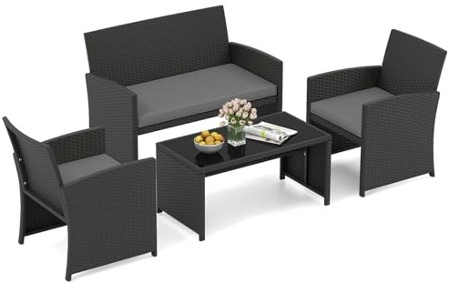 COSTWAY Ensemble de Salon de Jardin en Rotin PE 4 Pièces, Canapé 2 Places en Osier avec Fauteuils Table Basse en Verre Trempé, Mobilier d'Extérieur avec Coussins pour Patio Porche Piscine, Noir+Gris