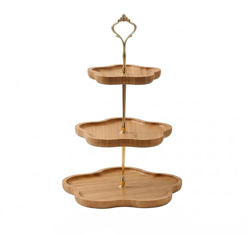 Wapasezyar Soporte para tartas de madera, 3 niveles, soporte para cupcakes, soporte de madera, soporte para servir con mango de metal, para postres, frutas, cumpleaños, té de la tarde, fiestas, bodas