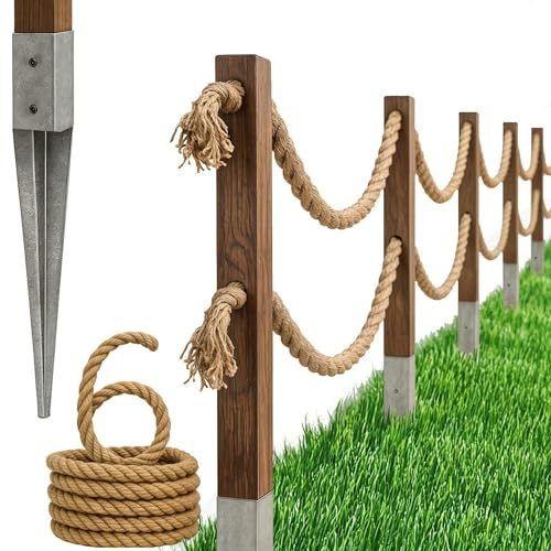 Bogateco Clôture en bois - Double clôture à corde de 6 m - Kit complet avec corde de jute de 30 mm et poteaux en bois - Bois imprégné avec douilles à enfoncer pour le sol - Marron foncé