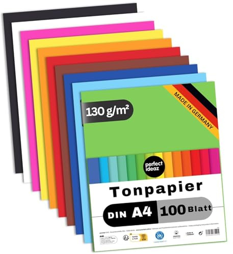 perfect ideaz papel tintado A4 100 hojas de colores, en 10 colores diferentes, grosor de 130g/m², Papel para manualidades