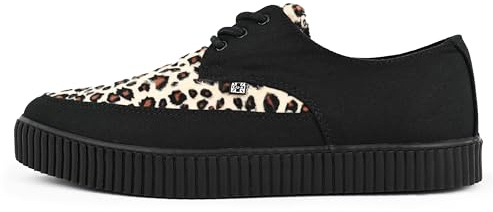 T.U.K. Pointed Creeper Sneakers - Zapatos Hombre y Mujer - Color Black Canvas and Leopard Print - Estilo Punk Gótico y Rockero Zapatillas de Lona y Gamuza con Cordones - Talla EU40