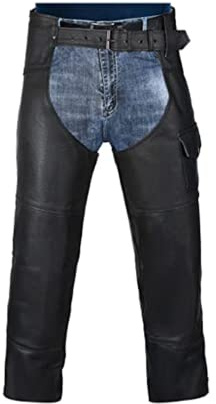 HWK Motorcycle Leather Chaps for Men and Women, Black Motorcycle Chaps for Road Rash Protection and All-Weather Comfort, Stylish and Strong Moto Pants for Enduro Motorsport Motorbike Riding, Waist 34