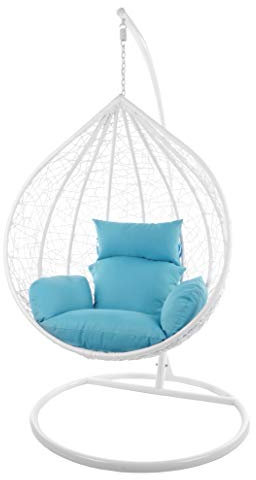 KIDEO Komplettset: großer Hängesessel mit Gestell & Kissen, Korbsessel, Poly-Rattan (Korb & Gestell: weiß, Kissen: hellblau Nest (5050 Sky Blue))