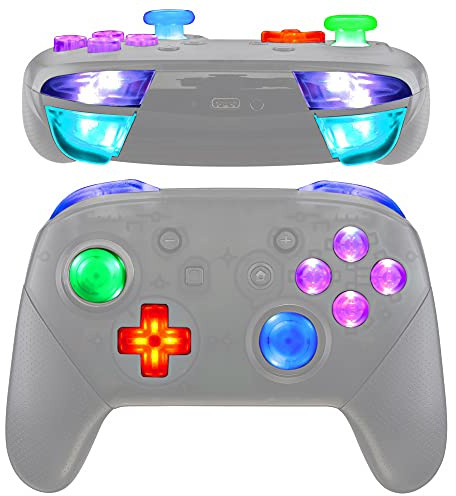 eXtremeRate LED Boutons de Remplacement pour Nintendo Switch Pro Manette, DTFS LED Kit Boutons Lumineuses Joysticks Dpad ABXY ZR ZL L R pour Manette Switch Pro, 9 Modes de Couleurs, Transparent