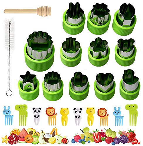 Juego de 12 Cortadores de Verduras para Niños, Cortador de Frutas de Acero Inoxidable, Cortador de Sándwich para Niños con 10 Palillos de Frutas, Cepillo y Palo de Madera