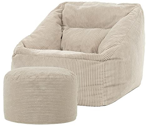 Icon Natalia Sitzsack Sessel mit Hocker für Erwachsene, Beige, Flauschiger Cord Stoff, Riesen Sitzsack Cord mit Füllung, Bean Bag Chair, Bequemer Sessel Wohnzimmer, Lounge, Schlafzimmer, Büro