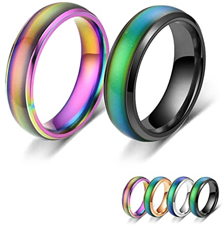 Bymivofun 2 Piezas Anillos de Estado de Ánimo, Anillo de Humor, para Novio, Novia, Fiesta Diaria, Cumpleaños, Día de San Valentín, Aniversario (Negro, Arco Iris, 55.5 (17.8))