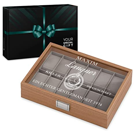 Maverton Uhrenbox mit Gravur für 12 Uhren - Uhrenkoffer Aufbewahrungsbox mit Deckel - Uhrenkoffer zum Geburtstag für Männer - Farbe: Braun - Taschenuhr