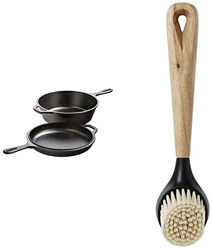 Lodge 3 Litre / 3.2 Quart Pre-Seasoned Cast Iron Combo Cooker & Lodge SCRBRSH 25.4 cm / 10 inch Scrubbing Brush, Brown
