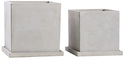 Olly & Rose Mykonos Square Plant Pot Set with Saucers - Light Grey Ceramic Cement Indoor & Outdoor Planters