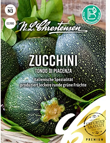 Chrestensen Zucchini Tondo di Piacenza Samen Kugelzucchini dunkelgrün | italienisch, reich tragend, Hobbygärtner, 7 Pflanzen