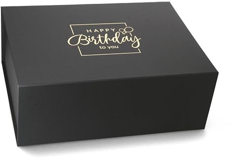 Premium Geschenkbox Geburtstag, Geschenkkarton, Magnetbox, Magnetfaltbox, Geschenkverpackung für Geburtstag mit Schriftzug, 33x22x10cm, Schwarz matt mit Gold