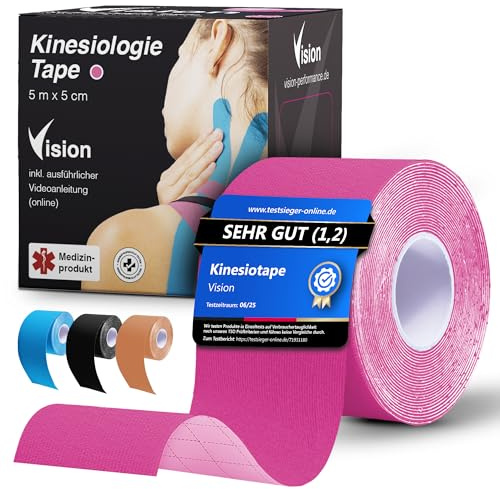 Vision Kinesiologie Tape Pink – 1 Rolle 5 cm x 5 m – Kinesio Tape mit extra starkem Halt – Super hautverträgliche Kinesio Tapes – Tape Kinesio – Atmungsaktives und wasserfestes Physio Tape