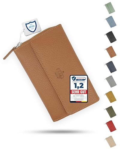 Baur Damen Geldbörse – Echtes Leder mit RFID-Schutz – Großes Portemonnaie mit 14 Kartenfächern – Druckknopfverschluss & Münzfach mit Reißverschluss (Cognac)