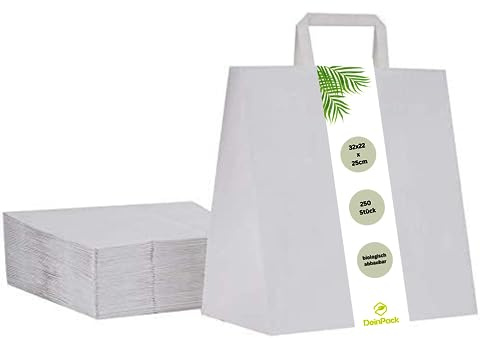 DeinPack 250 Papier Tragetaschen 32 x 22 x 25 cm groß I Umweltschonende Papiertüten Geschenktüten Papiertragetaschen biologisch abbaubar, kompostierbar I weiße Papier Tüten