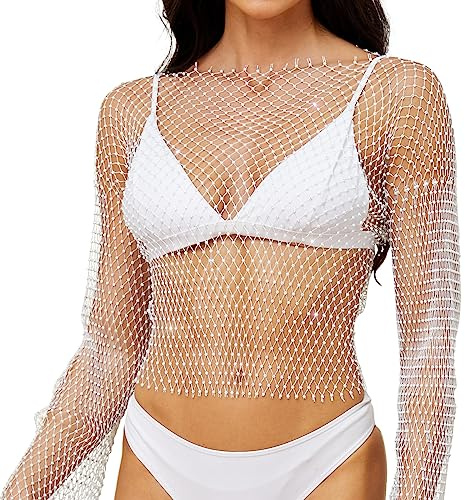 JASGOOD Haut de Corps en Maille Brillante avec Strass pour Femme - Haut Bikini Scintillant - pour boîte de Nuit, fête, Festival, Blanc sans Manches, Taille Unique