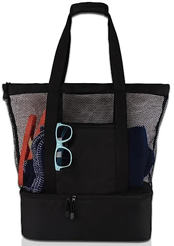 CULASIGN 2-in-1-Strandtasche XXL Mesh Strandtasche mit Reißverschluss, Sommer Beachbag mit Gross Kühltasche,Faltbare Leichte Mesh Strandtasche,Shopper Strand Tasche (Schwarz)