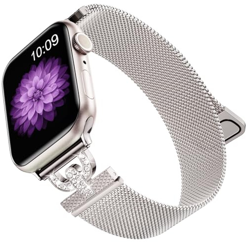 Faliogo Métal Bracelet Compatible avec Bracelets Apple Watch 42mm 44mm 45mm 49mm Femme, Bracelet en Magnétique avec Diamants pour Apple Watch SE/iWatch Series 9 8 7 6 5 4 3 2 Ultra, Lumiere stellaire