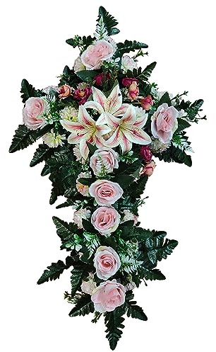 DRW Künstliches Blumenkreuz Rosa mit Rosen für Friedhof, Heilige, Kirchen, Täter, 95 x 52 x 15 cm