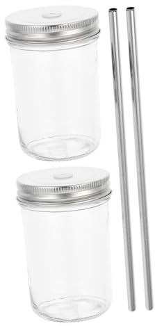 GOOHOCHY 2 Pack Glass Beverage Cup 250ml with Lid and Straw for Juice | Jar Design, Stainless Steel Parts, Practical Use, Offices and Hotels, Two Sets Included