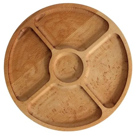 4BIG.fun Plato de madera natural de 25 cm de diámetro con 5 compartimentos divididos, plato para servir entrantes, queso y aperitivos, placa de madera para queso para carne y queso, tabla de queso