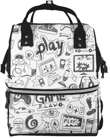 OrcoW Videospiel Jungen Print Windeltasche Mama Rucksack Große Kapazität Multifunktions Wasserdichte Windeltasche Für Mama Und Papa, Schwarz , One size