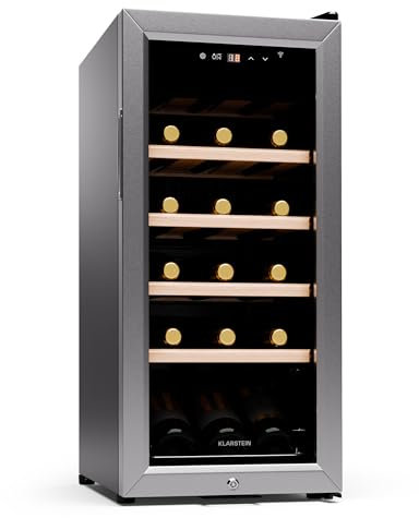 KLARSTEIN Cantinetta Vino Refrigerata a Zona Singola per Interno/Esterni, Frigo Bar, Cantina Vino con Porta in Vetro, Mini Frigo Silenzioso, Frigorifero Piccolo Touch Control, 5-18°C, 18 Bottiglie