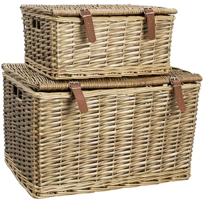 JVL Handmade Buff Wicker Hampers with Faux Leather Straps, Set of 2